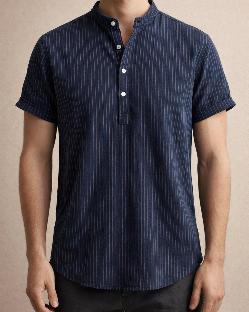 New Men's Stand-up Collar Striped Short-sleeved Shirt Loose Large Size Shirt | JRSEE:ceb8668e-3d3b-405a-92b5-1aa53a5080f5