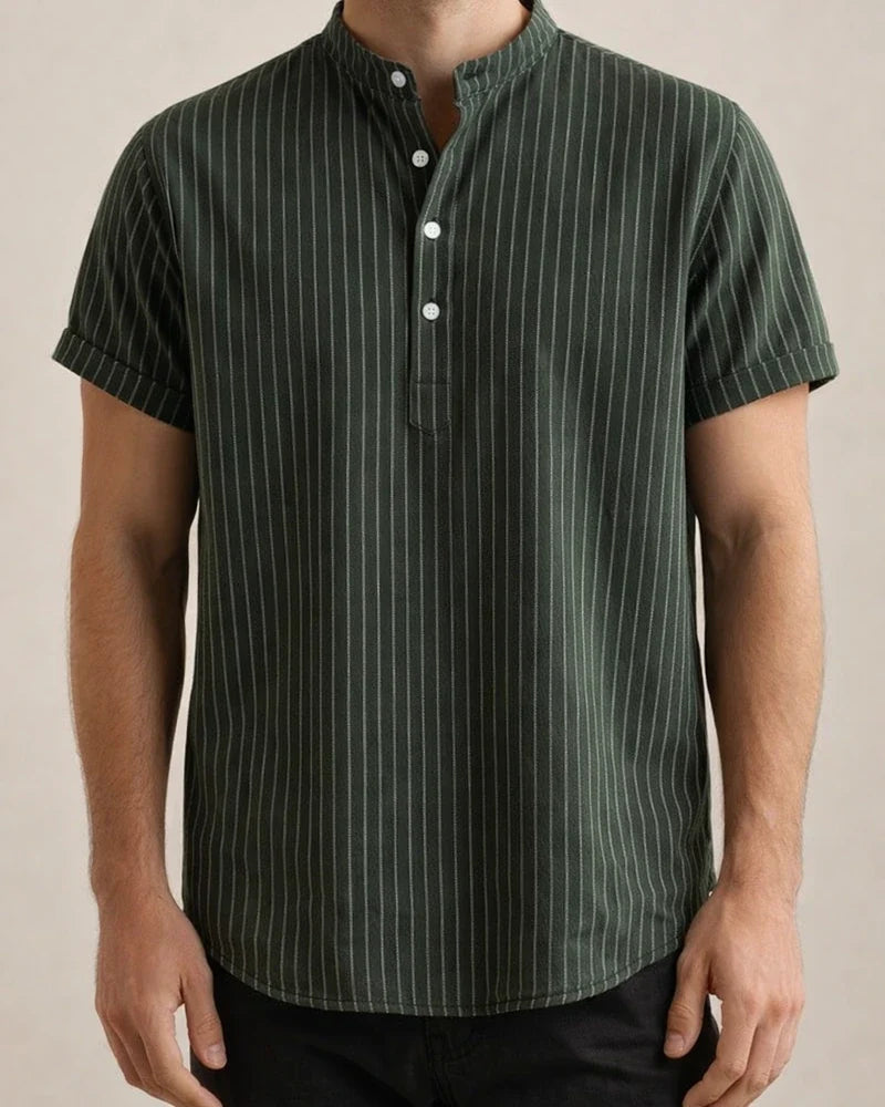 New Men's Stand-up Collar Striped Short-sleeved Shirt Loose Large Size Shirt | JRSEE:702ff287-ab92-4170-a0ec-12a260564ffd