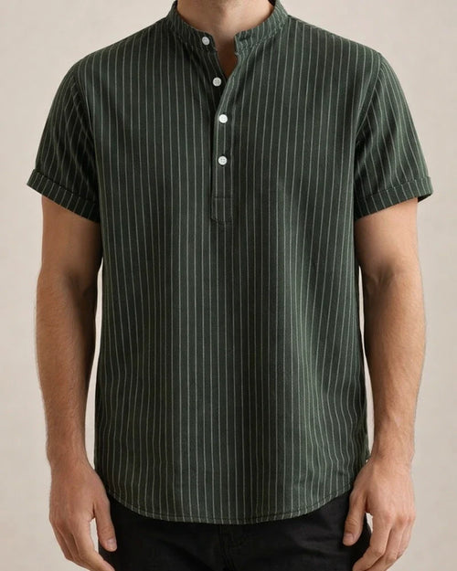 New Men's Stand-up Collar Striped Short-sleeved Shirt Loose Large Size Shirt | JRSEE:702ff287-ab92-4170-a0ec-12a260564ffd