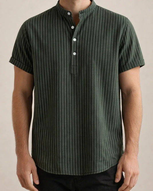 New Men's Stand-up Collar Striped Short-sleeved Shirt Loose Large Size Shirt | JRSEE:702ff287-ab92-4170-a0ec-12a260564ffd