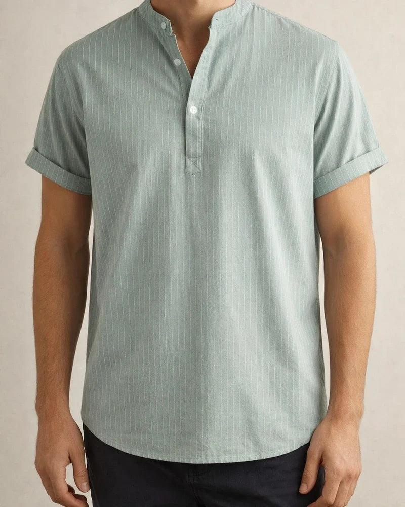 New Men's Stand-up Collar Striped Short-sleeved Shirt Loose Large Size Shirt | JRSEE:d9d42106-3636-44a9-b17b-053b86622491