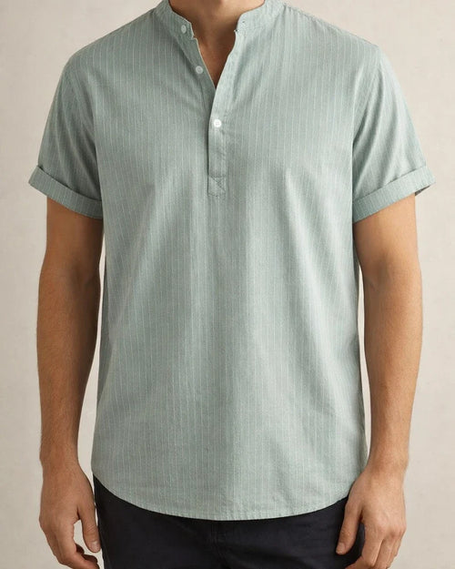 New Men's Stand-up Collar Striped Short-sleeved Shirt Loose Large Size Shirt | JRSEE:d9d42106-3636-44a9-b17b-053b86622491