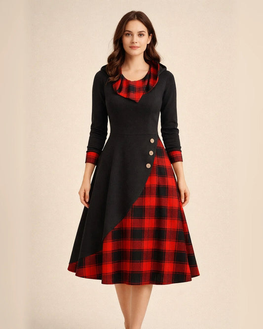 New Plaid Button Decoration Plaid Splicing High Neck Hooded Temperament Commuter Midi Dresses | JRSEE:a1df5f26-784b-42f9-b5c7-b9efa8c201f2