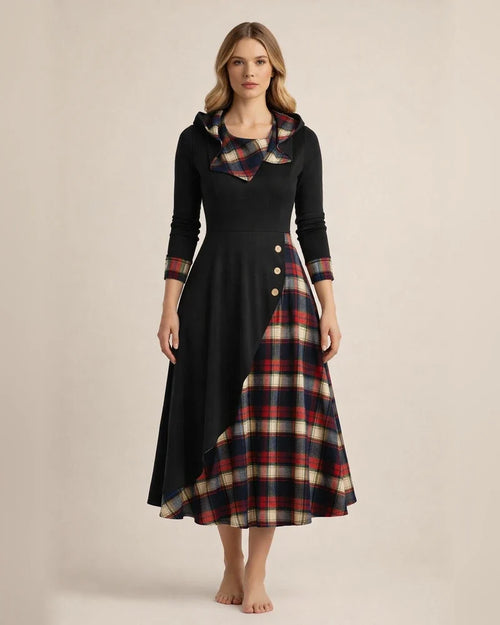 New Plaid Button Decoration Plaid Splicing High Neck Hooded Temperament Commuter Midi Dresses | JRSEE:87024113-fffa-494c-81e1-fc3ddc7cb6ea