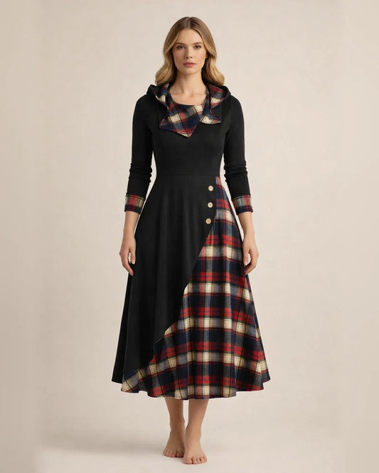 New Plaid Button Decoration Plaid Splicing High Neck Hooded Temperament Commuter Midi Dresses | JRSEE:87024113-fffa-494c-81e1-fc3ddc7cb6ea