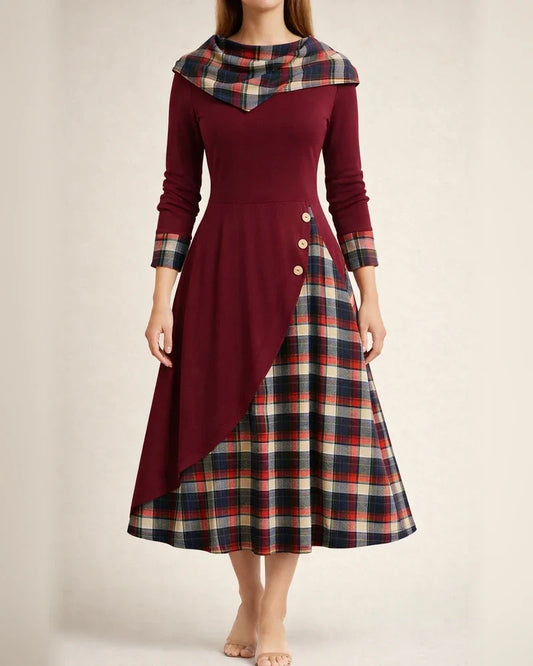 New Plaid Button Decoration Plaid Splicing High Neck Hooded Temperament Commuter Midi Dresses | JRSEE:fe570c8e-8e16-4382-972a-3fd81221a770