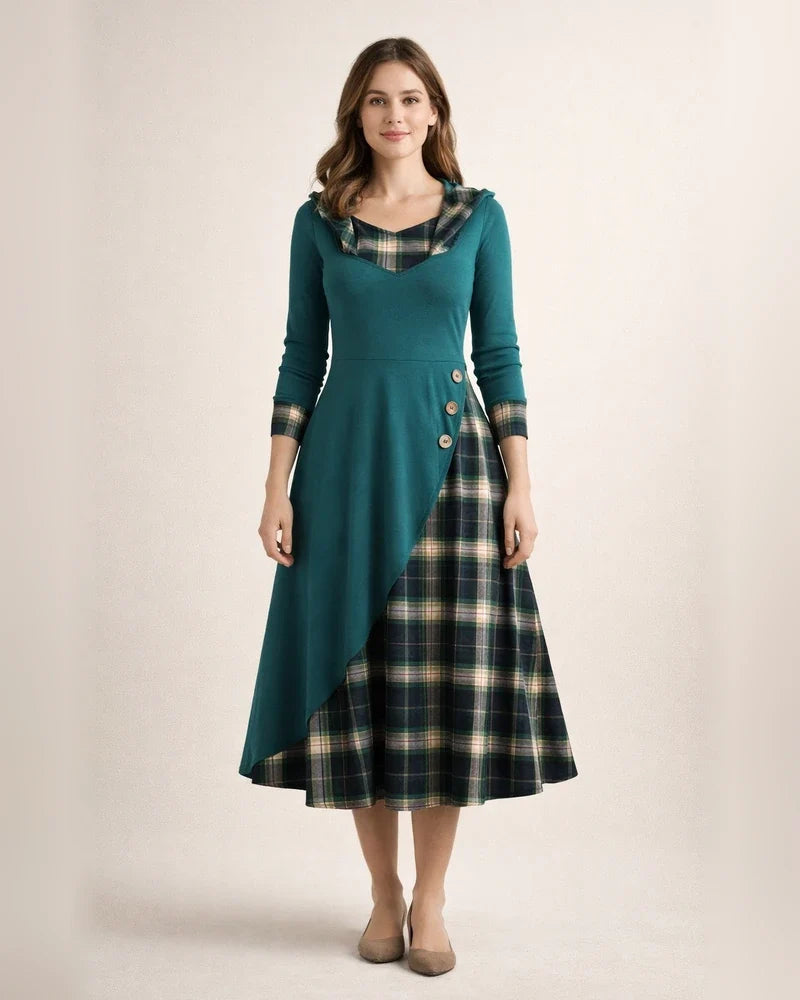 New Plaid Button Decoration Plaid Splicing High Neck Hooded Temperament Commuter Midi Dresses | JRSEE:f05a341a-39c1-43ec-962d-8d41538f9bd2