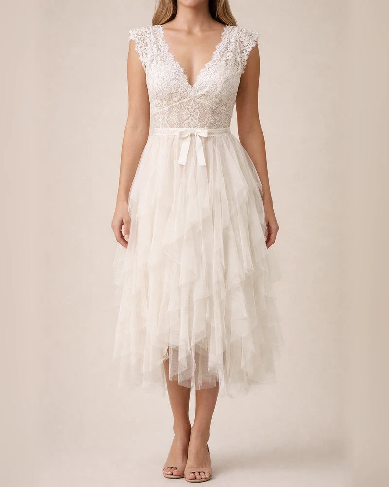 New Sexy V-neck Lace Stitching Dress Short Sleeve Fashion White Dresses | JRSEE:960d6399-a43c-4681-bdbc-289cf34d6255