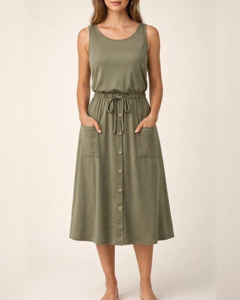New Solid Color A-line Dress Spring and Summer Elastic Waist U-neck Set Head Sleeveless Tank Dress Loose Comfortable Dress | JRSEE:582fe401-fa97-4768-9dd0-45422e5986f9