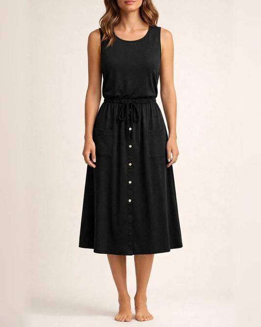 New Solid Color A-line Dress Spring and Summer Elastic Waist U-neck Set Head Sleeveless Tank Dress Loose Comfortable Dress | JRSEE:1a3697a6-5b01-4311-bde9-aac935105aeb
