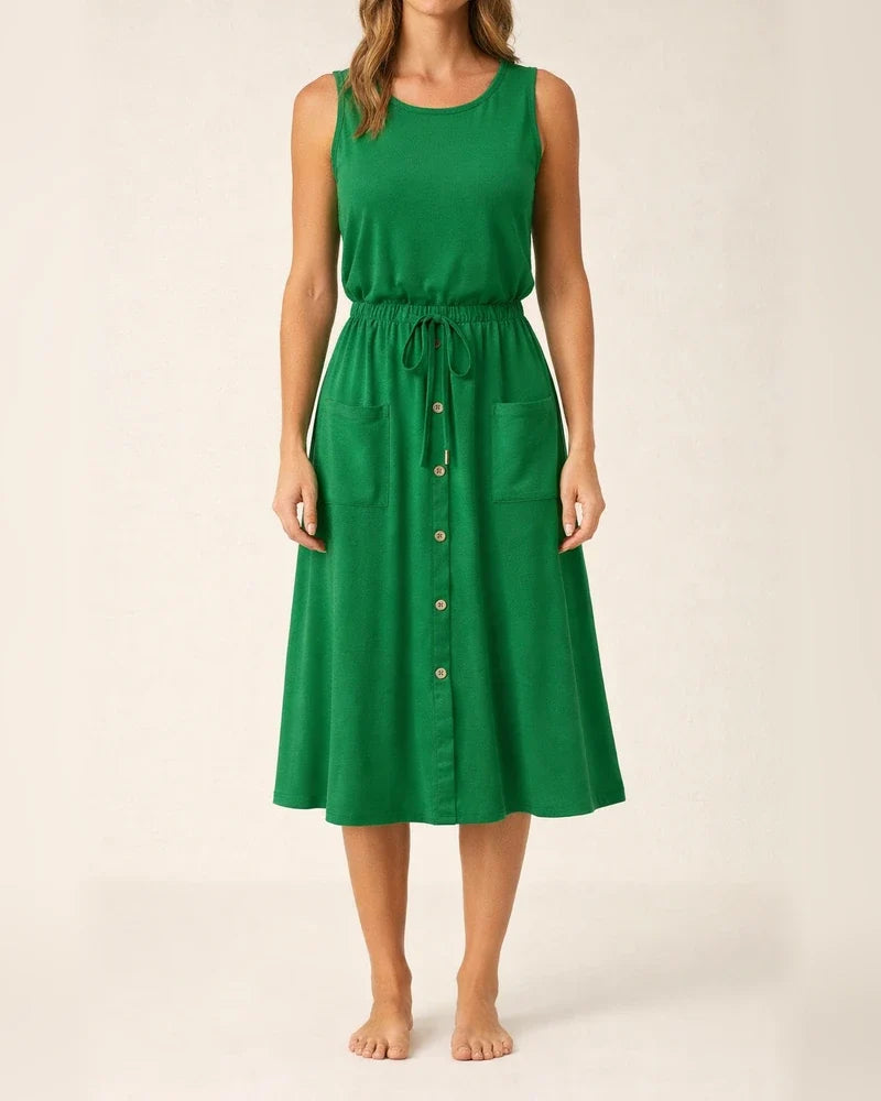 New Solid Color A-line Dress Spring and Summer Elastic Waist U-neck Set Head Sleeveless Tank Dress Loose Comfortable Dress | JRSEE:a0a58828-9967-40c5-ad94-49049b2eab60
