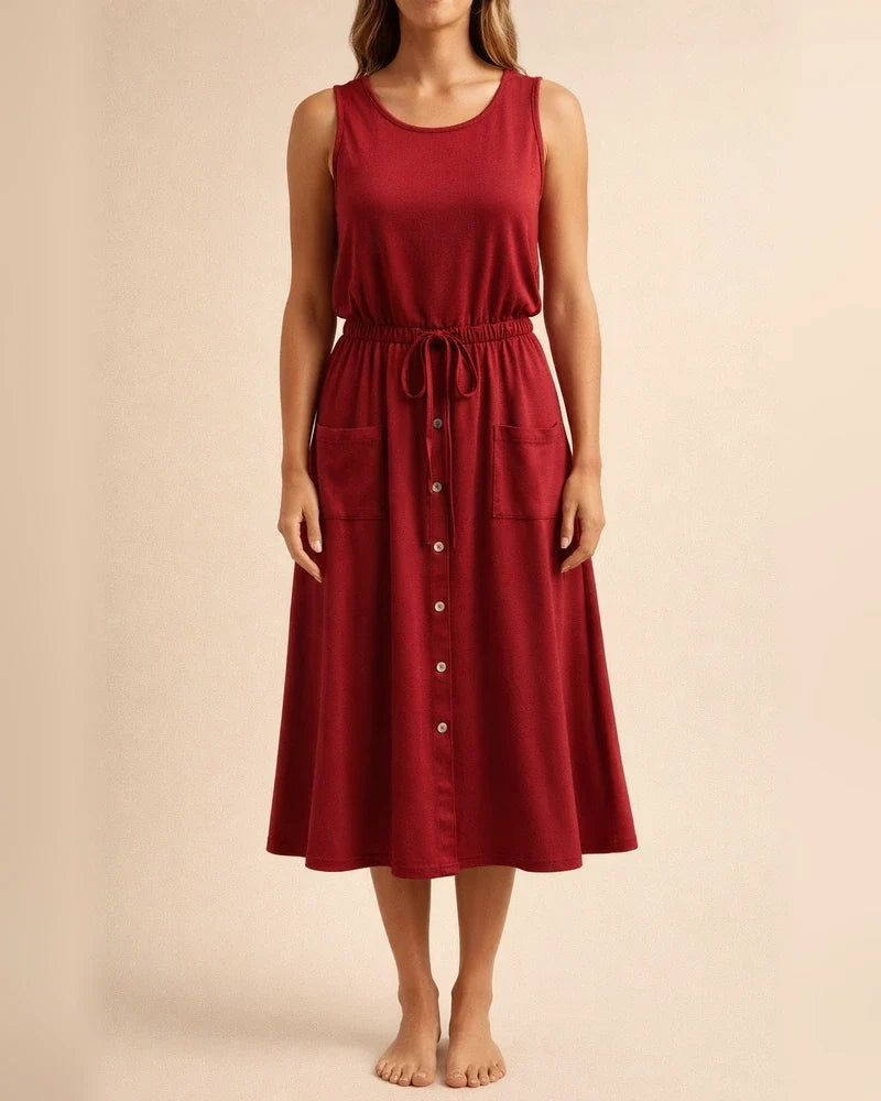 New Solid Color A-line Dress Spring and Summer Elastic Waist U-neck Set Head Sleeveless Tank Dress Loose Comfortable Dress | JRSEE:a901fc8d-0696-4cb6-8dc2-b1c5ac0c69d7