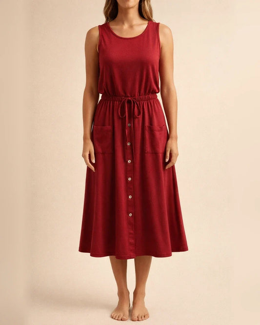 New Solid Color A-line Dress Spring and Summer Elastic Waist U-neck Set Head Sleeveless Tank Dress Loose Comfortable Dress | JRSEE:a901fc8d-0696-4cb6-8dc2-b1c5ac0c69d7