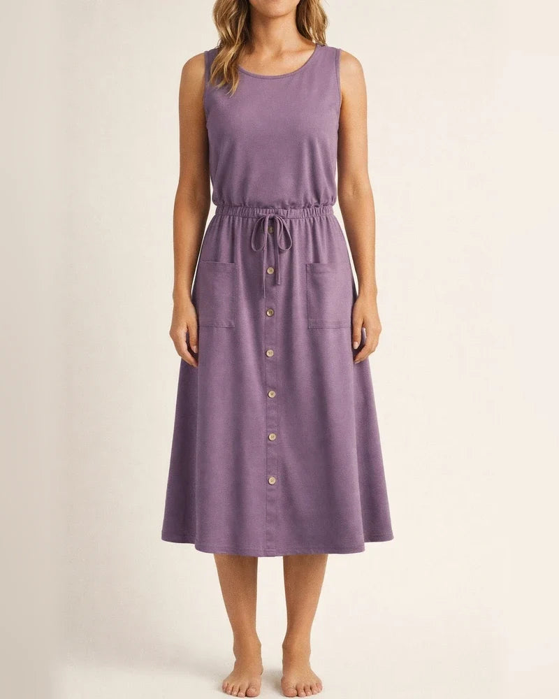 New Solid Color A-line Dress Spring and Summer Elastic Waist U-neck Set Head Sleeveless Tank Dress Loose Comfortable Dress | JRSEE:1694bb69-788c-4cf1-87de-7d0bb5430141