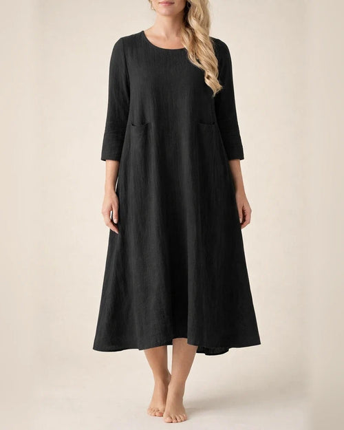 New Solid Color Loose Waist Round Neck Seven-quarter Sleeve Cotton and Linen Women's Casual and Comfortable Dresses | JRSEE:4a616506-be8e-4acf-a511-d33ead9f32b8