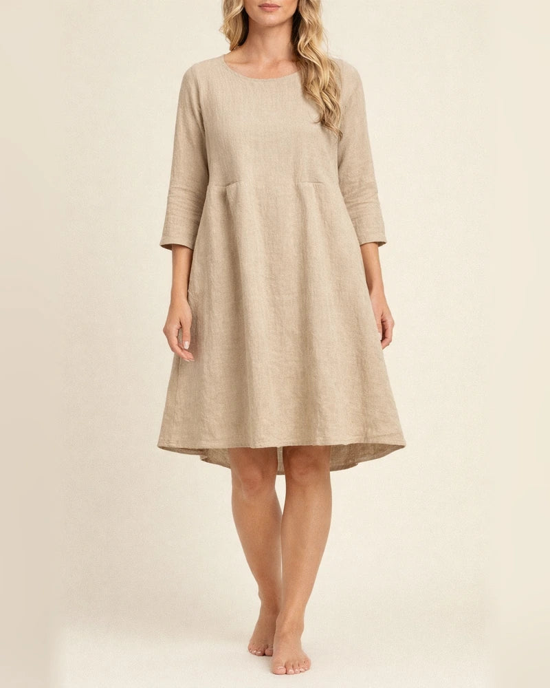 New Solid Color Loose Waist Round Neck Seven-quarter Sleeve Cotton and Linen Women's Casual and Comfortable Dresses | JRSEE:47afcdbd-1810-4808-a2b3-b78c62e6f82d