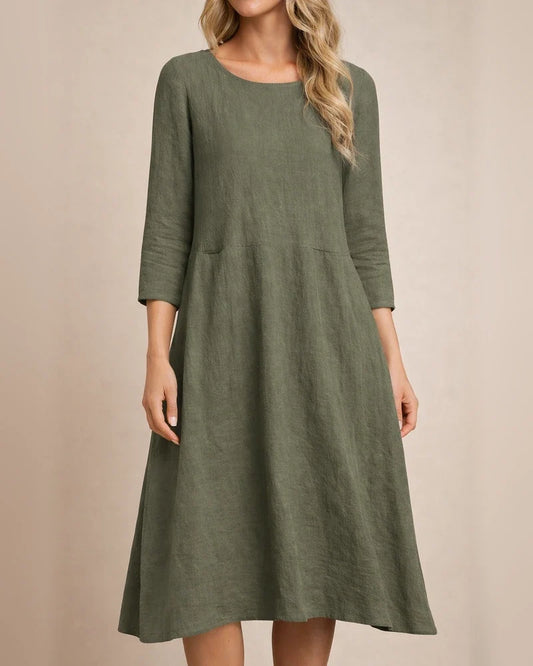 New Solid Color Loose Waist Round Neck Seven-quarter Sleeve Cotton and Linen Women's Casual and Comfortable Dresses | JRSEE:2a1dd3d2-6a00-447c-9ead-ee6b284991c5