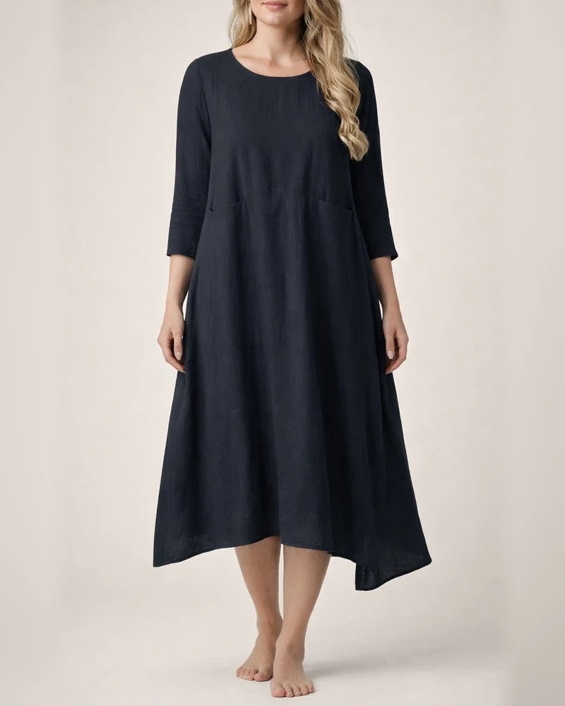 New Solid Color Loose Waist Round Neck Seven-quarter Sleeve Cotton and Linen Women's Casual and Comfortable Dresses | JRSEE:7c55979b-c641-4c7c-ab4e-ff0c43a592ed