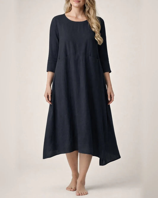 New Solid Color Loose Waist Round Neck Seven-quarter Sleeve Cotton and Linen Women's Casual and Comfortable Dresses | JRSEE:7c55979b-c641-4c7c-ab4e-ff0c43a592ed