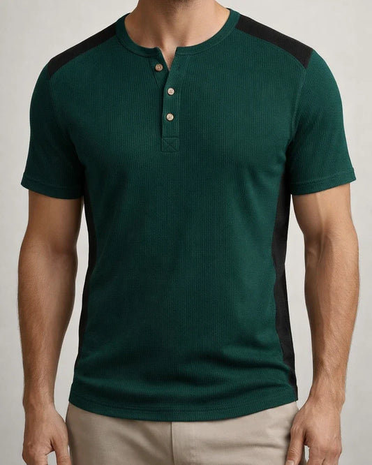 New Spring Arrival Men's Casual Color-Blocked Short-Sleeve Waffle-Weave Henley T-Shirt | JRSEE:ef583022-7c99-483f-9f54-ebad74b97438