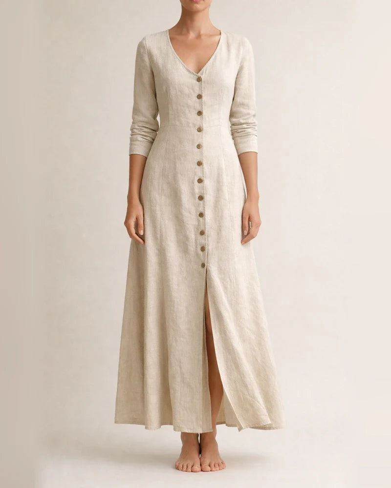 New Spring Summer Fashionable Casual Women’s Cotton-Linen Long-Sleeve V-Neck Solid-Color Dress | JRSEE:30d5725b-b8ad-460c-b23d-57e8edc43c33