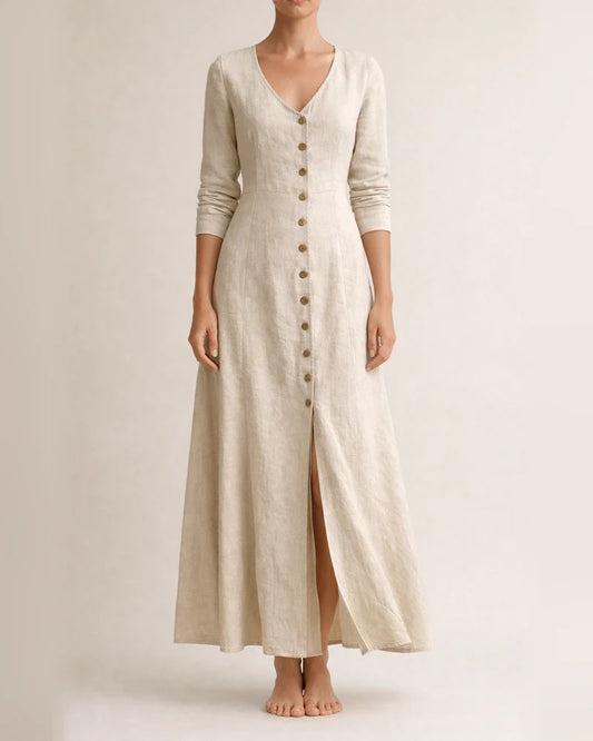 New Spring Summer Fashionable Casual Women’s Cotton-Linen Long-Sleeve V-Neck Solid-Color Dress | JRSEE:30d5725b-b8ad-460c-b23d-57e8edc43c33
