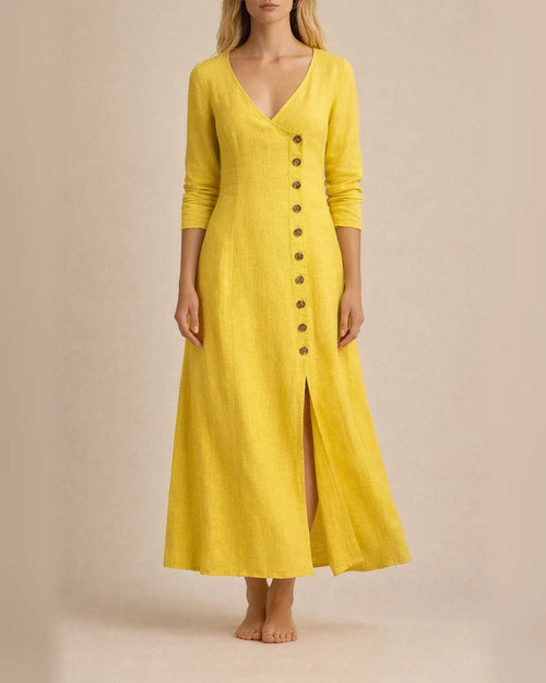 New Spring Summer Fashionable Casual Women’s Cotton-Linen Long-Sleeve V-Neck Solid-Color Dress | JRSEE:79bbd573-d603-46cc-8fe8-2d0ea958c484