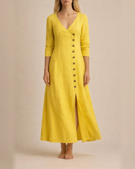 New Spring Summer Fashionable Casual Women’s Cotton-Linen Long-Sleeve V-Neck Solid-Color Dress | JRSEE:79bbd573-d603-46cc-8fe8-2d0ea958c484