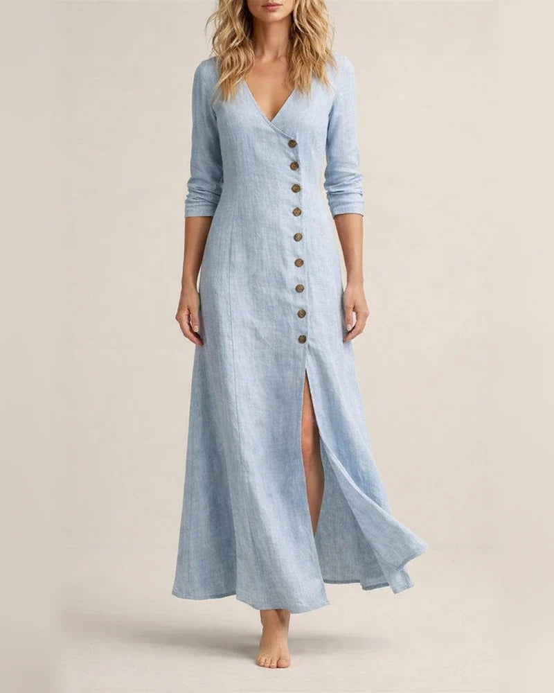 New Spring Summer Fashionable Casual Women’s Cotton-Linen Long-Sleeve V-Neck Solid-Color Dress | JRSEE:19bbc5ec-8707-46d2-b8f6-ba02732095e7