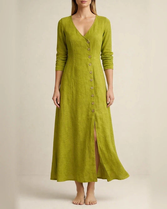 New Spring Summer Fashionable Casual Women’s Cotton-Linen Long-Sleeve V-Neck Solid-Color Dress | JRSEE:332647a8-a714-4f94-bcd1-01eee1f72b63