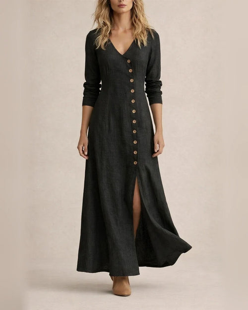 New Spring Summer Fashionable Casual Women’s Cotton-Linen Long-Sleeve V-Neck Solid-Color Dress | JRSEE:1d3f4c0b-ef9c-4170-b50e-25074c4607f6