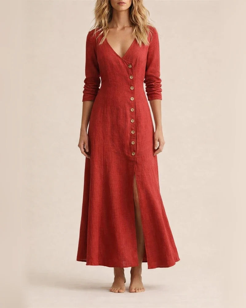 New Spring Summer Fashionable Casual Women’s Cotton-Linen Long-Sleeve V-Neck Solid-Color Dress | JRSEE:4baa45f5-efb4-478e-92b3-866752f16aed