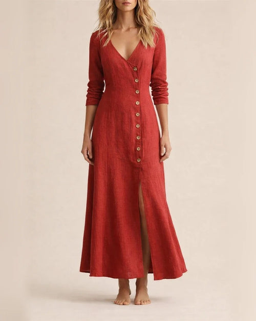 New Spring Summer Fashionable Casual Women’s Cotton-Linen Long-Sleeve V-Neck Solid-Color Dress | JRSEE:4baa45f5-efb4-478e-92b3-866752f16aed
