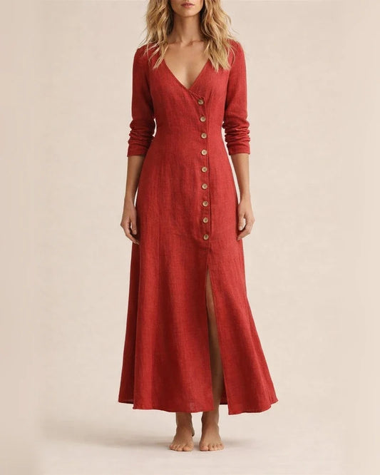 New Spring Summer Fashionable Casual Women’s Cotton-Linen Long-Sleeve V-Neck Solid-Color Dress | JRSEE:4baa45f5-efb4-478e-92b3-866752f16aed