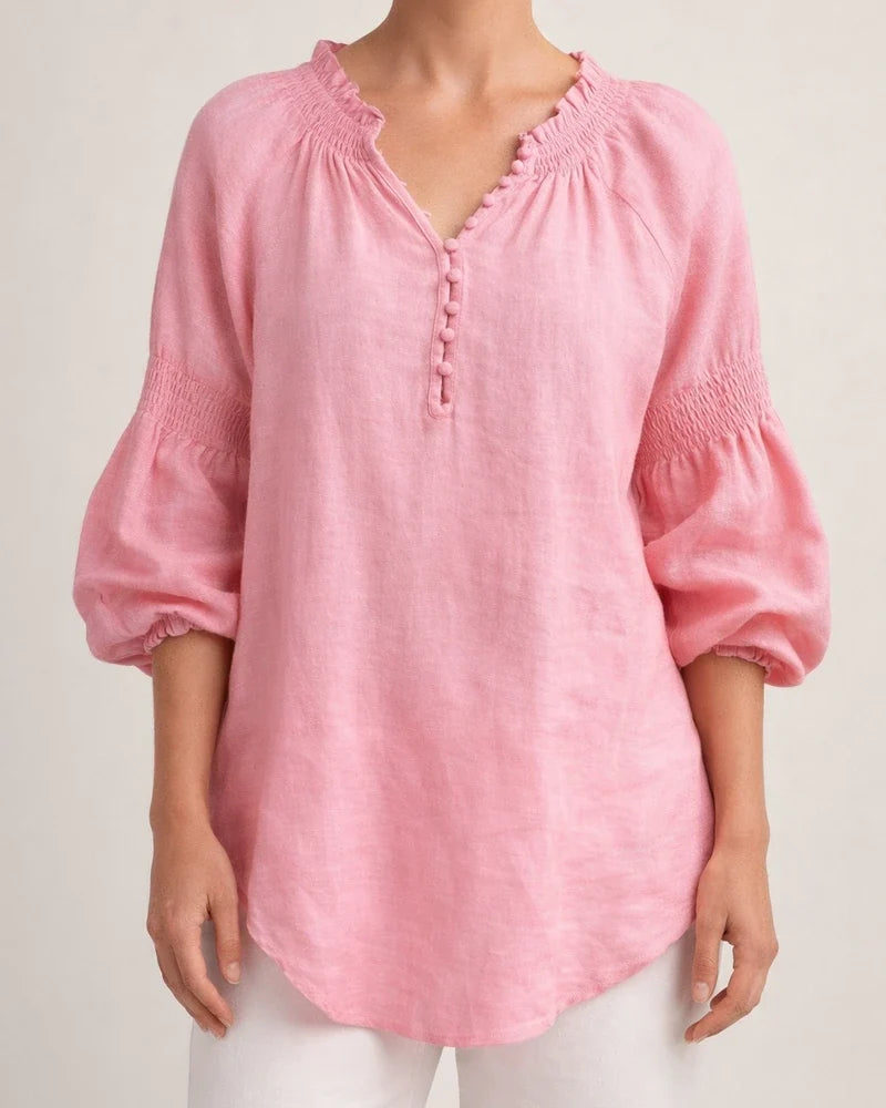 New Spring/Summer Women's Casual Solid-Color Cotton-Linen Long-Sleeve V-Neck Top | JRSEE:f3ca59d2-5c52-4b59-94c0-e1eee66a22bb