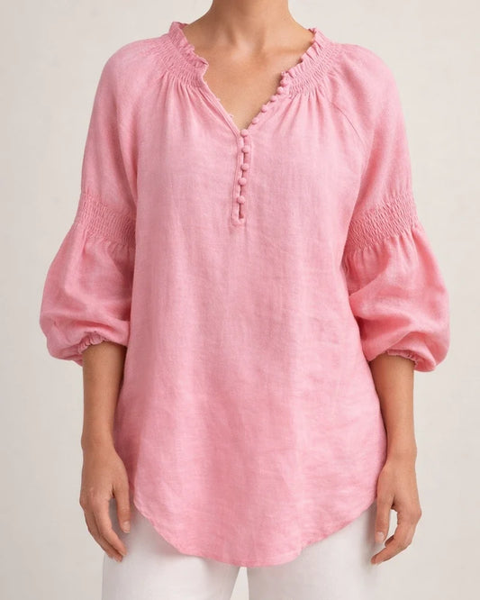 New Spring/Summer Women's Casual Solid-Color Cotton-Linen Long-Sleeve V-Neck Top | JRSEE:f3ca59d2-5c52-4b59-94c0-e1eee66a22bb