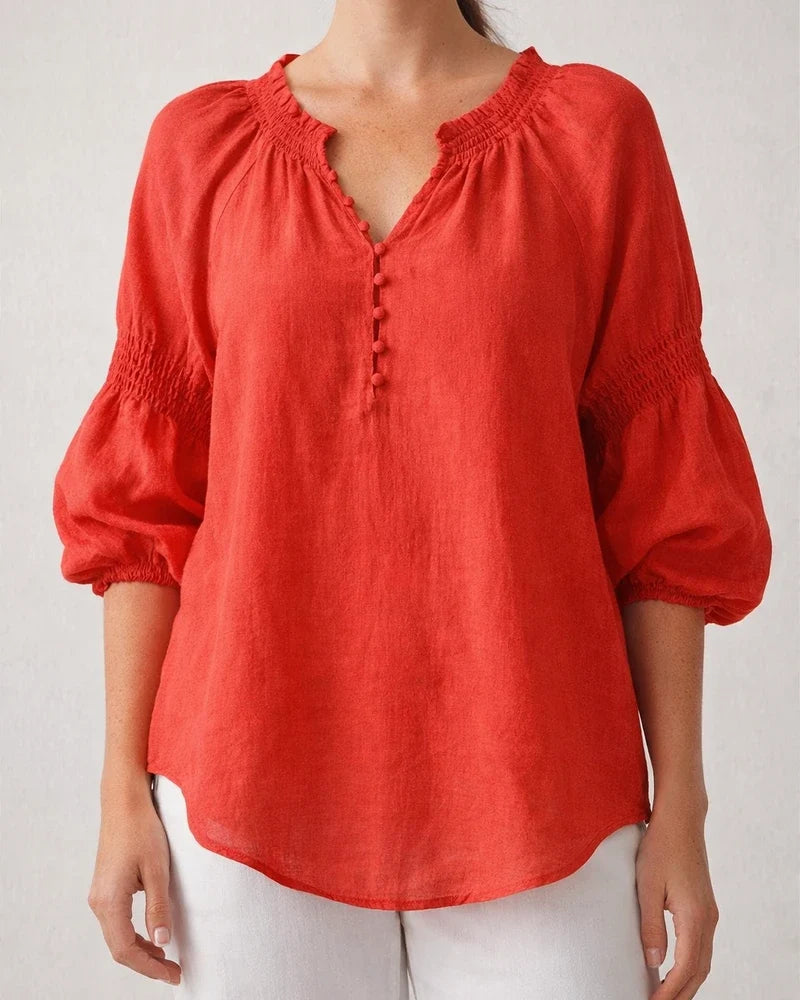 New Spring/Summer Women's Casual Solid-Color Cotton-Linen Long-Sleeve V-Neck Top | JRSEE:cf8b582e-8f62-4874-bccd-34ba8e3925ff