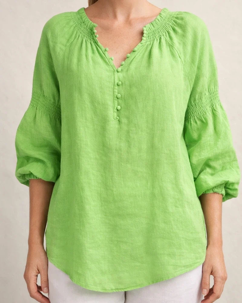 New Spring/Summer Women's Casual Solid-Color Cotton-Linen Long-Sleeve V-Neck Top | JRSEE:cc5f95a0-a47d-49a1-947e-bf6fd4d410ef