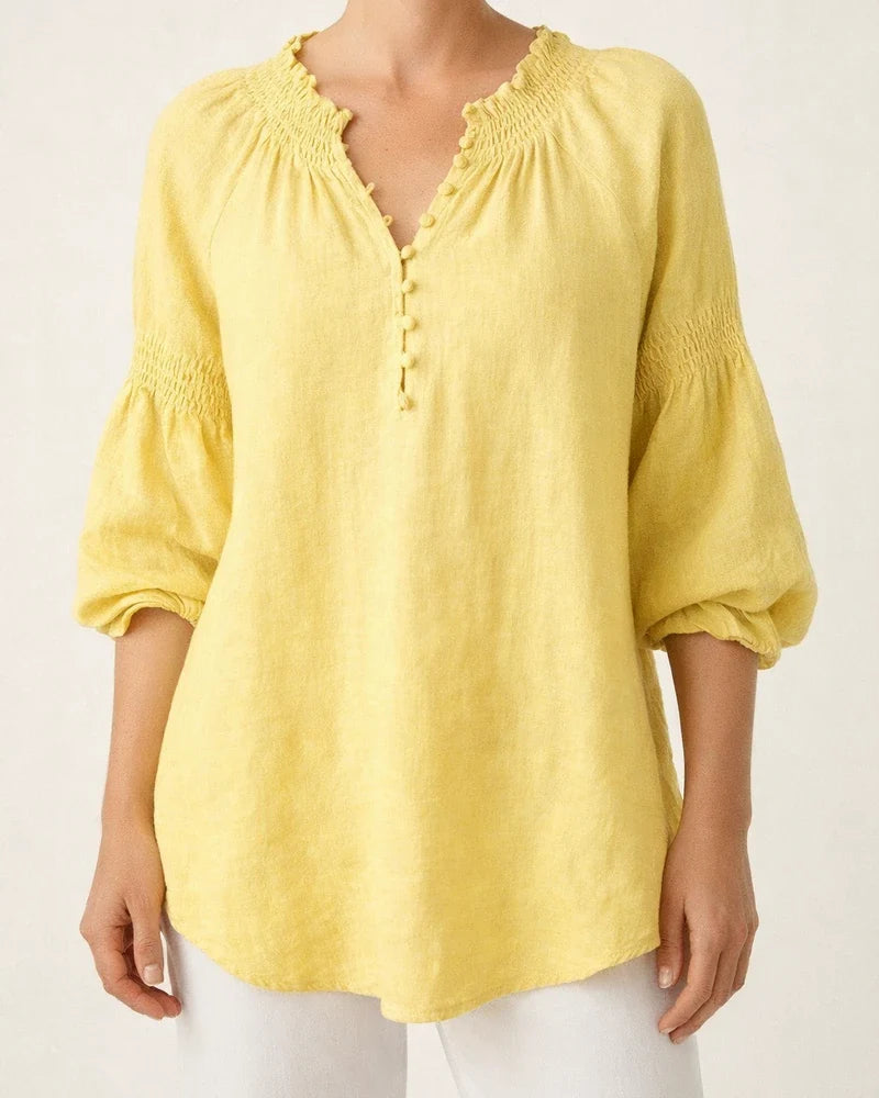 New Spring/Summer Women's Casual Solid-Color Cotton-Linen Long-Sleeve V-Neck Top | JRSEE:f74409b0-8b05-4fa0-92e5-a3666bc686c0