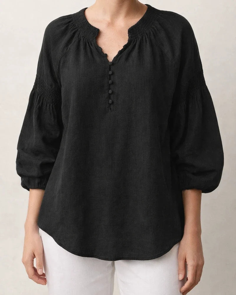 New Spring/Summer Women's Casual Solid-Color Cotton-Linen Long-Sleeve V-Neck Top | JRSEE:4b50b621-0f4f-4781-861d-c9a441423e26