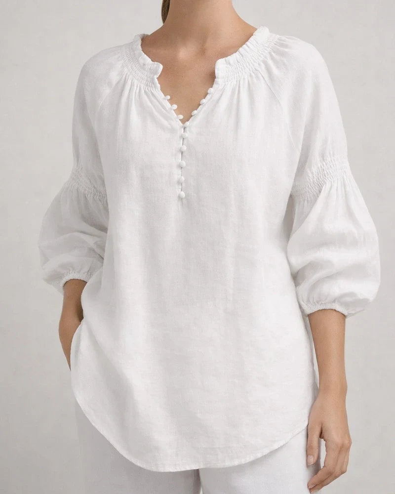 New Spring/Summer Women's Casual Solid-Color Cotton-Linen Long-Sleeve V-Neck Top | JRSEE:3ee8eb87-53d5-4381-b883-a2b50a398e59