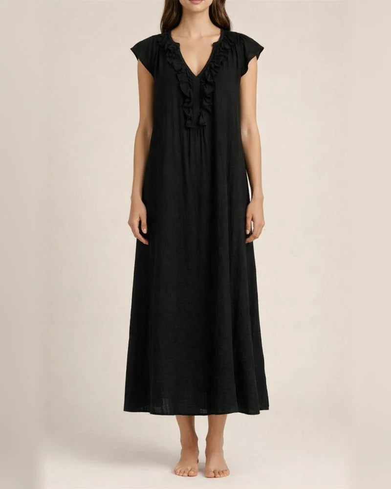 New Summer Bohemian Cotton-Linen Flare-Sleeve Ruffle-Collar Dress | JRSEE:faca338b-2ef8-4fdb-bfe5-9a2264b7ba59