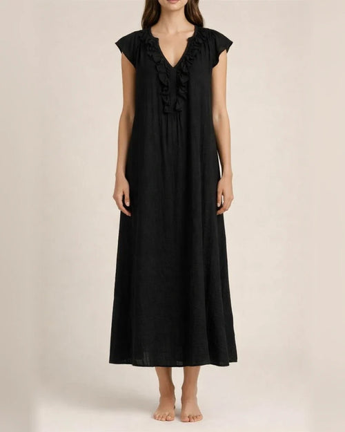 New Summer Bohemian Cotton-Linen Flare-Sleeve Ruffle-Collar Dress | JRSEE:faca338b-2ef8-4fdb-bfe5-9a2264b7ba59