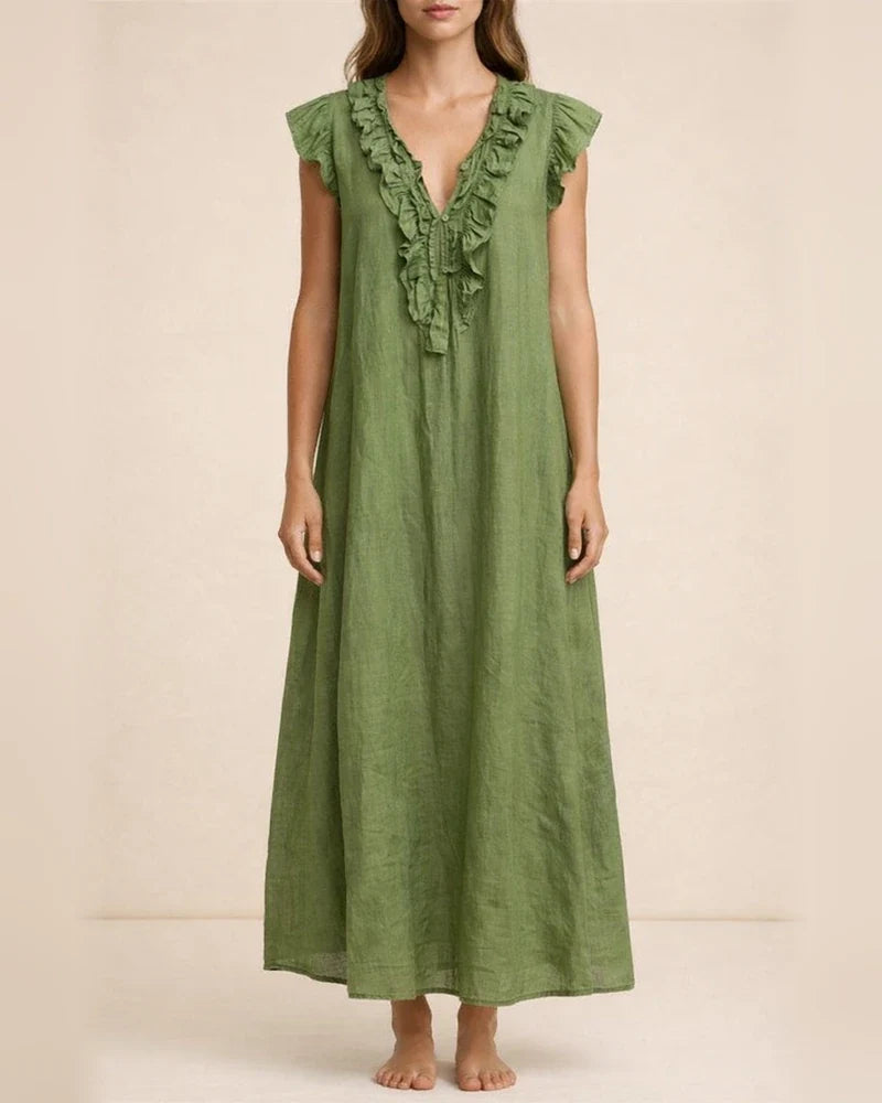 New Summer Bohemian Cotton-Linen Flare-Sleeve Ruffle-Collar Dress | JRSEE:40a492db-062a-4898-9ca1-5b63f1731e87