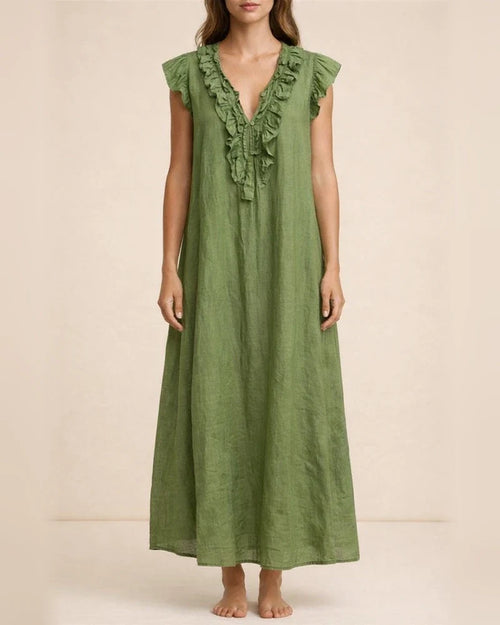 New Summer Bohemian Cotton-Linen Flare-Sleeve Ruffle-Collar Dress | JRSEE:40a492db-062a-4898-9ca1-5b63f1731e87