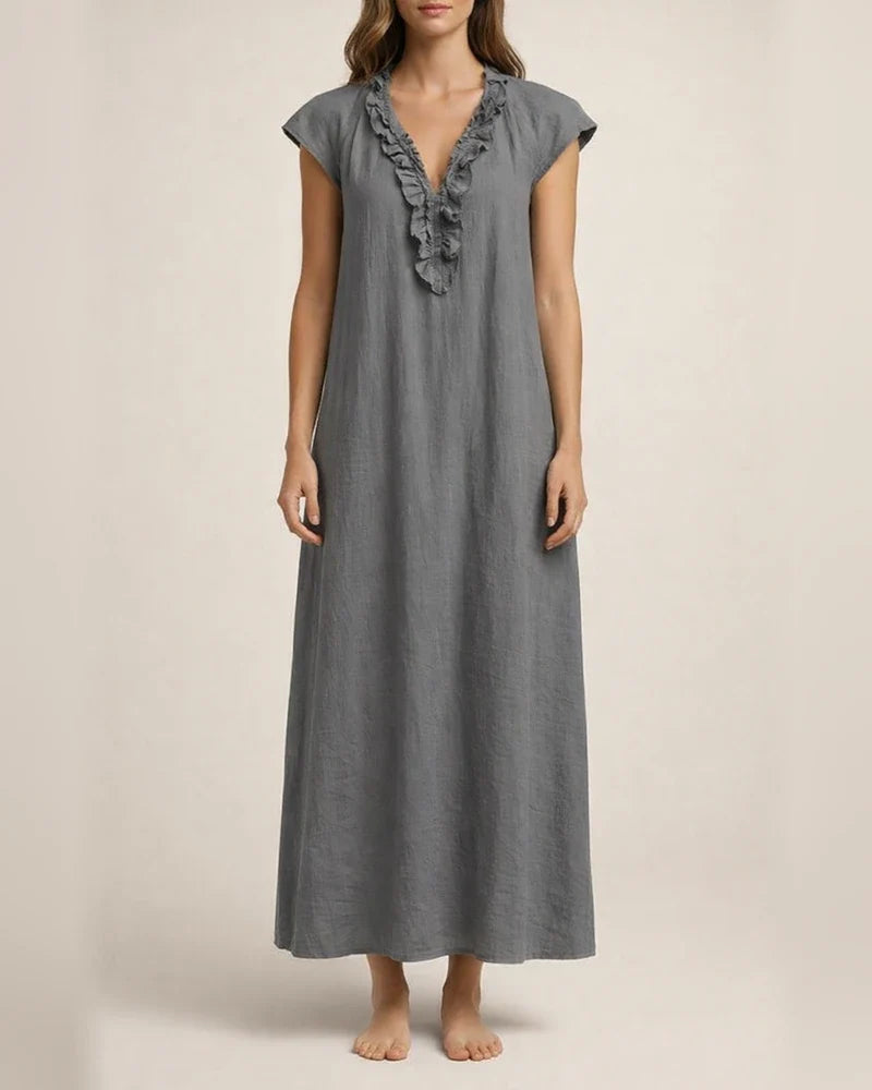 New Summer Bohemian Cotton-Linen Flare-Sleeve Ruffle-Collar Dress | JRSEE:7d6a9b3b-3512-4992-9591-53528042ee44