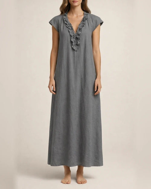 New Summer Bohemian Cotton-Linen Flare-Sleeve Ruffle-Collar Dress | JRSEE:7d6a9b3b-3512-4992-9591-53528042ee44