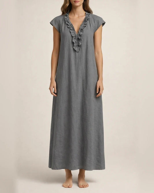 New Summer Bohemian Cotton-Linen Flare-Sleeve Ruffle-Collar Dress | JRSEE:7d6a9b3b-3512-4992-9591-53528042ee44