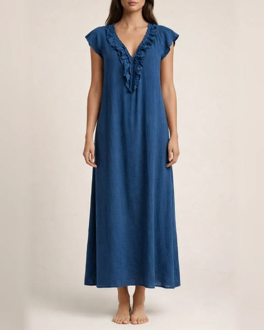 New Summer Bohemian Cotton-Linen Flare-Sleeve Ruffle-Collar Dress | JRSEE:89e21347-1991-4293-99a0-e7f729f657f8