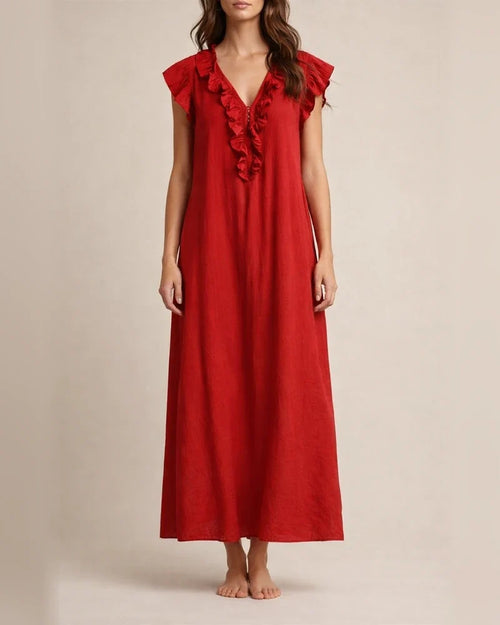 New Summer Bohemian Cotton-Linen Flare-Sleeve Ruffle-Collar Dress | JRSEE:dc968fd3-251e-492f-94b6-346aaa4f4dd2